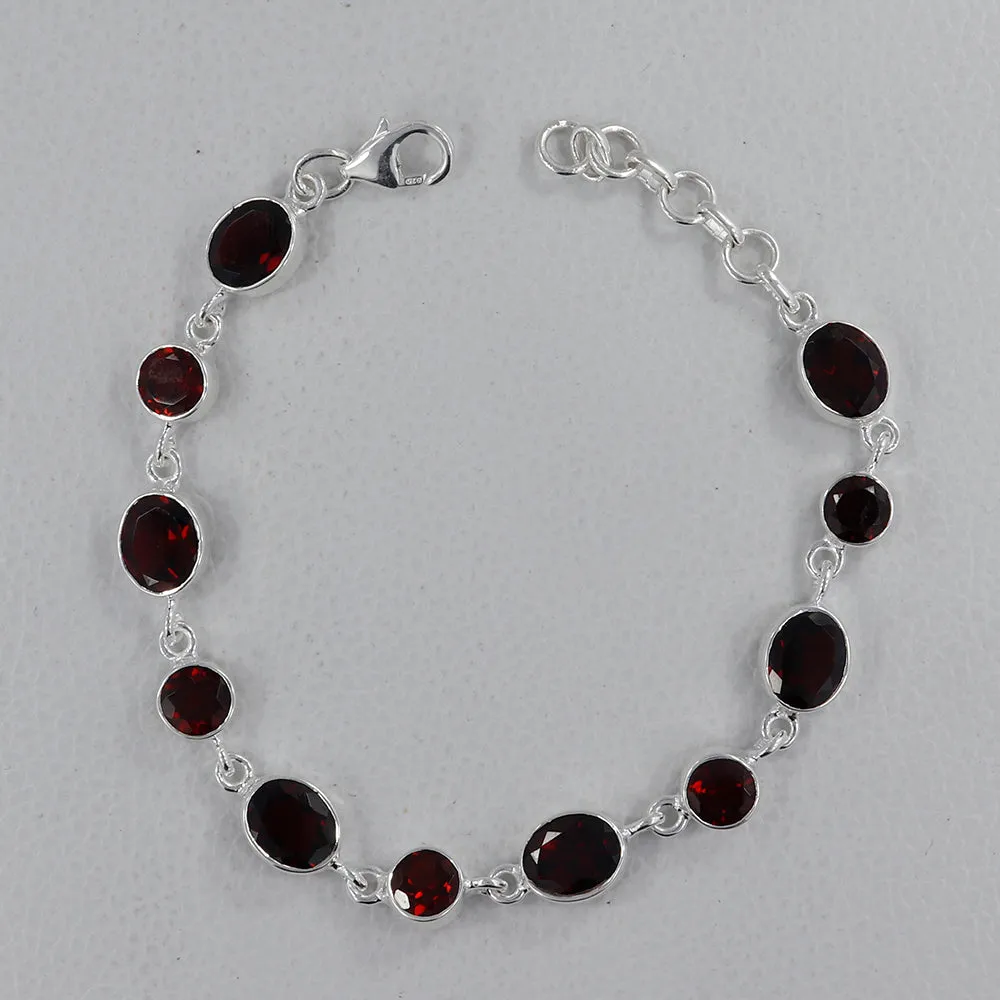 925 Sterling Silver Flawless Natural Garnet Bracelet