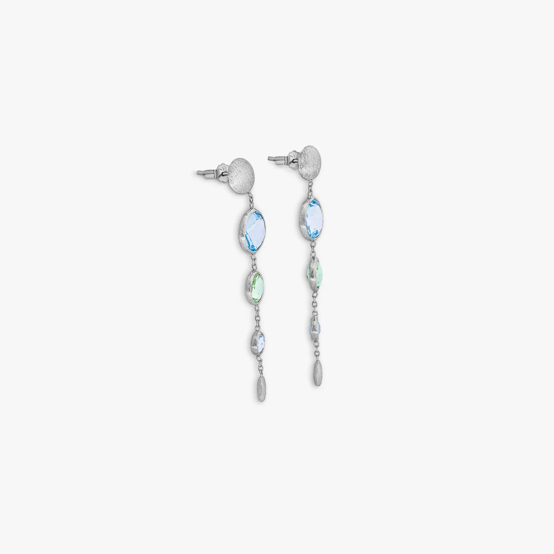 9K satin white gold Kensington long drop earrings with topaz and green amethyst
