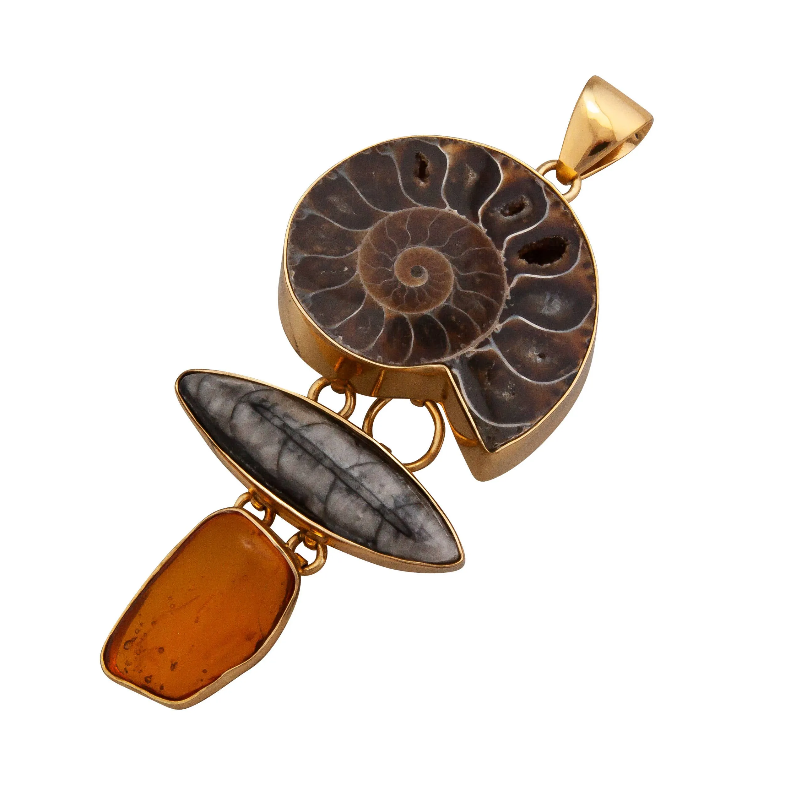 Alchemia Ammonite, Orthoceras & Amber Pendant on Alchemia Twist Necklace