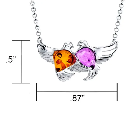 Amber Cabochon Free Birds Sterling Silver 925 Pendant Necklace 18" Rolo Chain