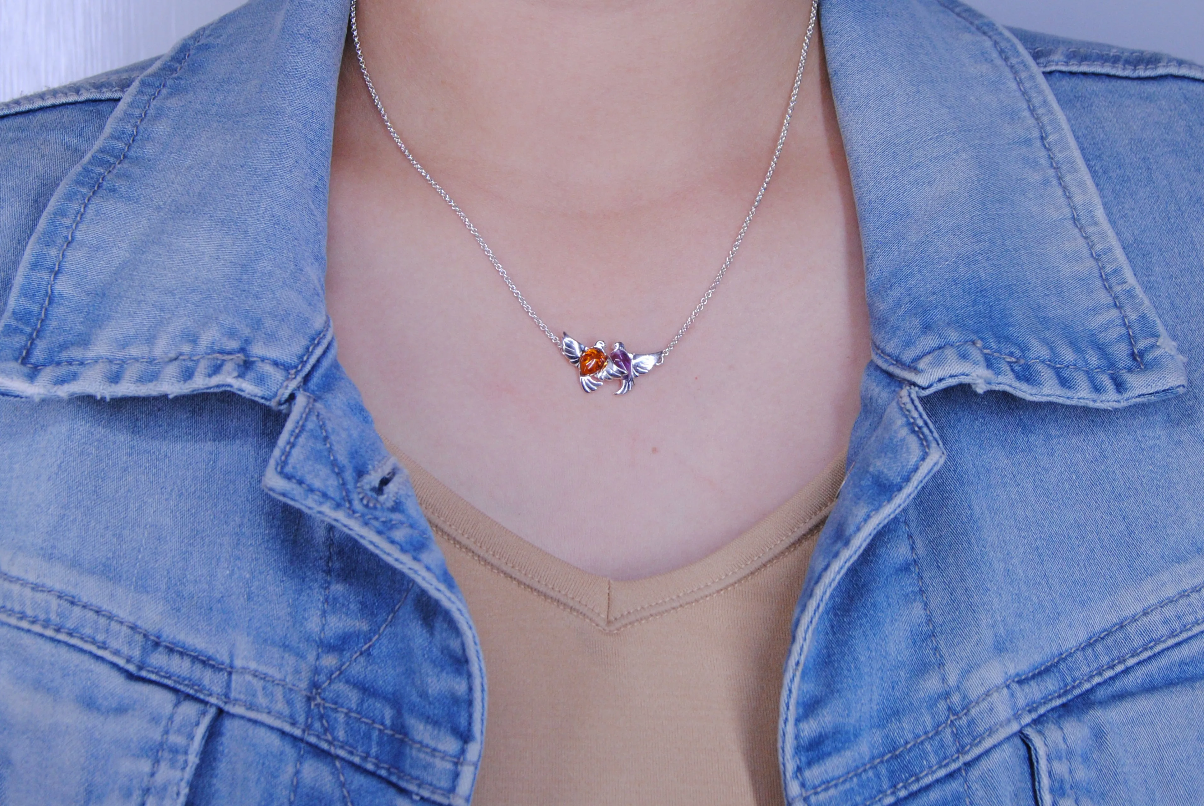 Amber Cabochon Free Birds Sterling Silver 925 Pendant Necklace 18" Rolo Chain