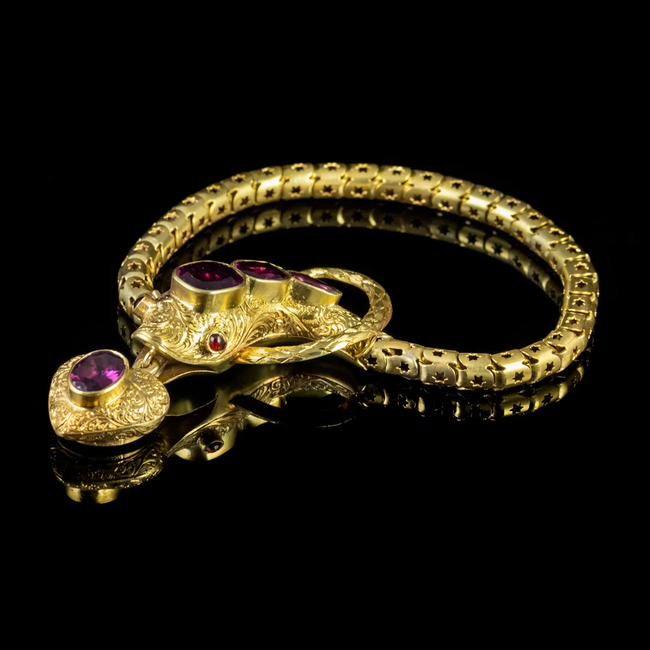 Antique Georgian Almandine Garnet Snake Bracelet 18Ct Gold Heart Locket Circa 1820