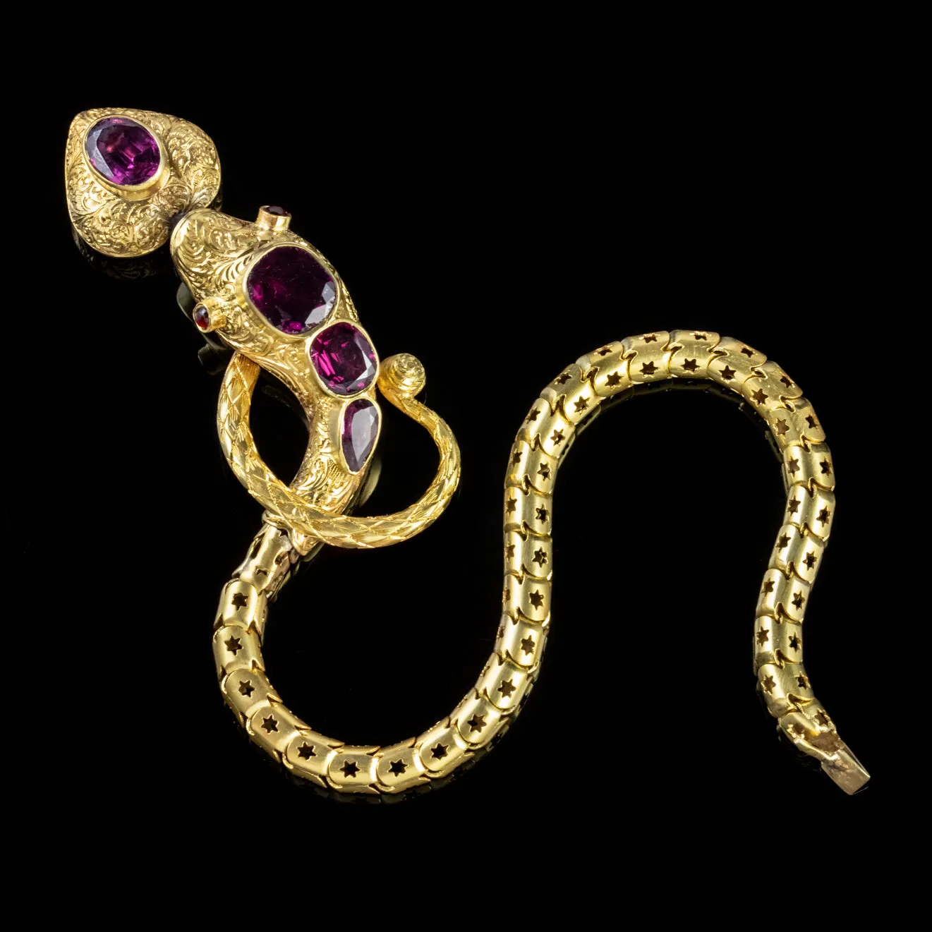 Antique Georgian Almandine Garnet Snake Bracelet 18Ct Gold Heart Locket Circa 1820