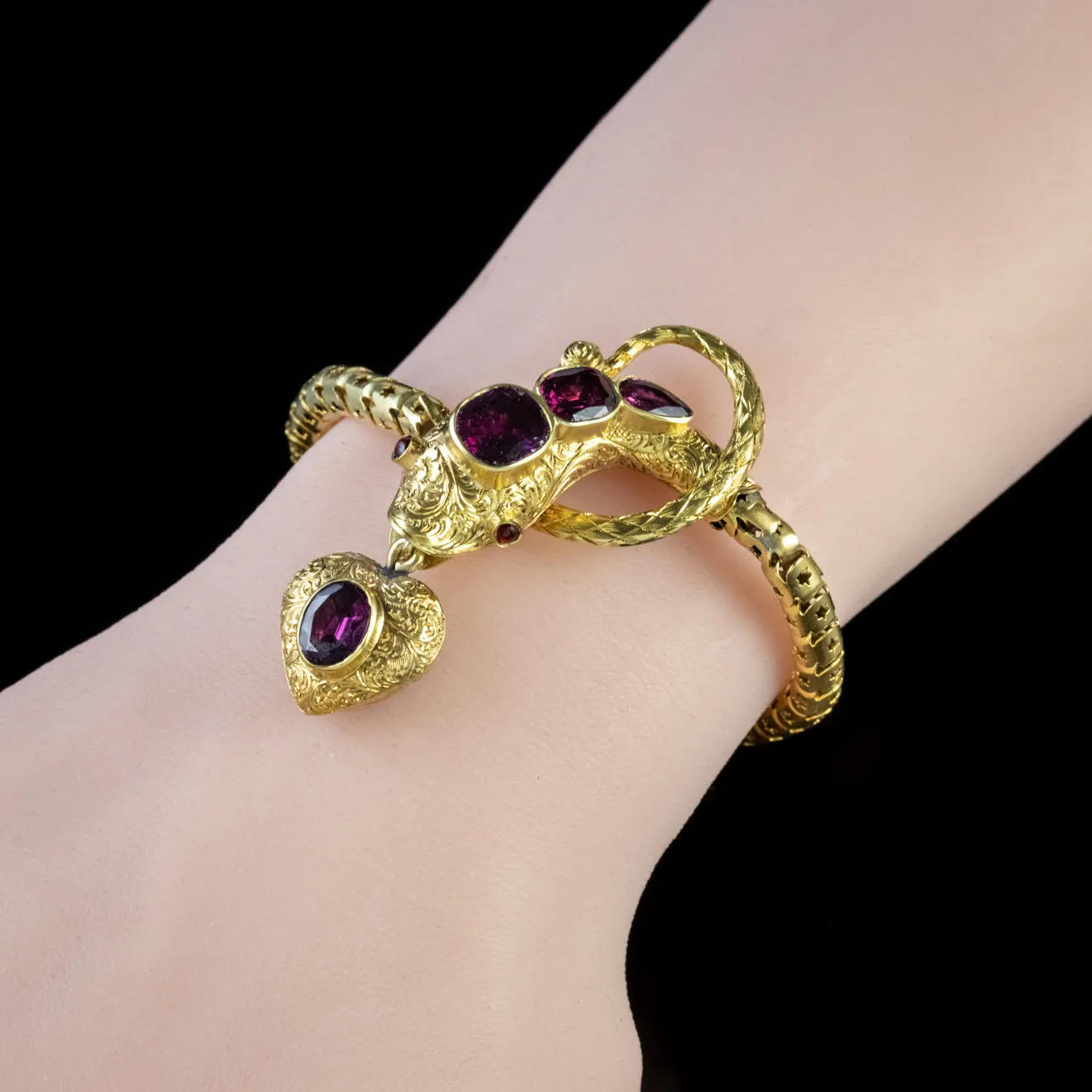 Antique Georgian Almandine Garnet Snake Bracelet 18Ct Gold Heart Locket Circa 1820