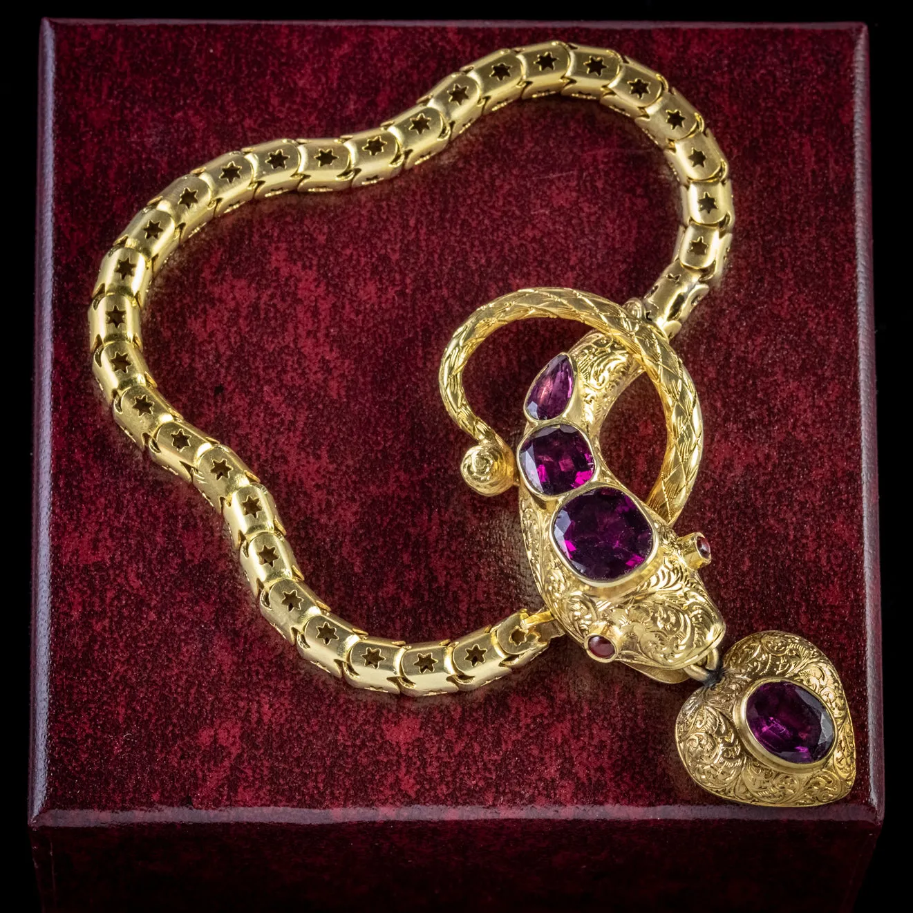 Antique Georgian Almandine Garnet Snake Bracelet 18Ct Gold Heart Locket Circa 1820