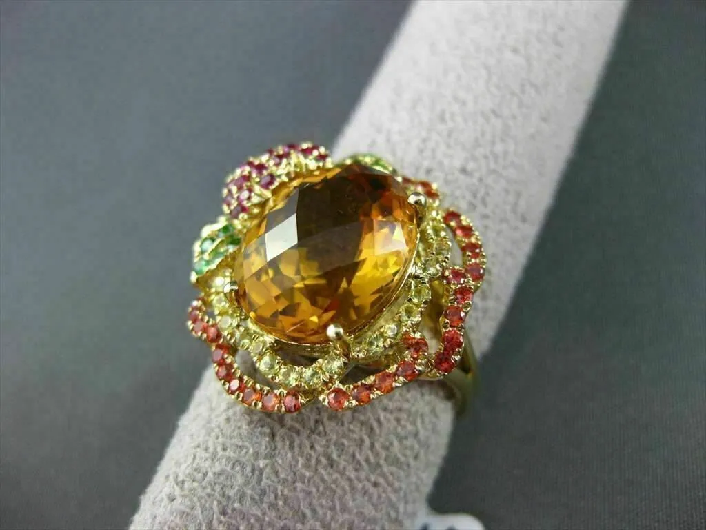 ANTIQUE LARGE 8CT EXTRA FACET MULTI COLOR GEMSTONE 18KT YELLOW GOLD FLOWER RING