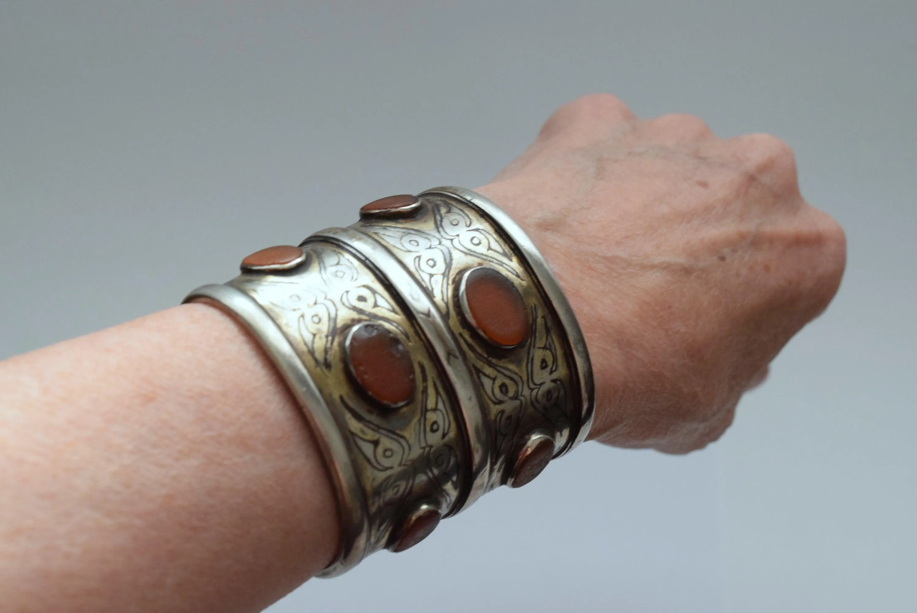 Antique Silver and Carnelian Turkmen Bracelet