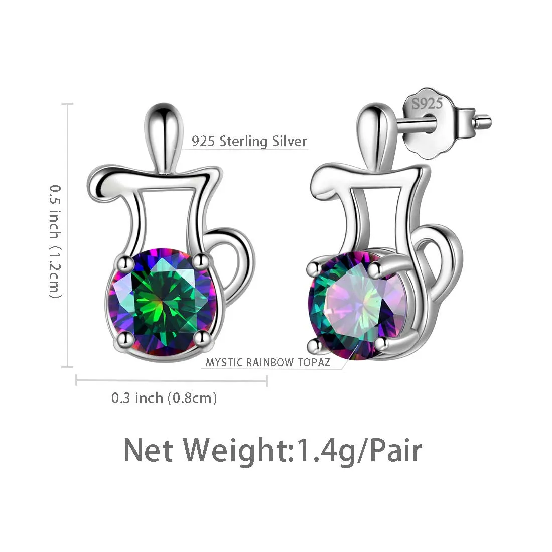 Aquarius Stud Earrings Women Girls Constellation Jewelry Mystic Topaz Sterling Silver