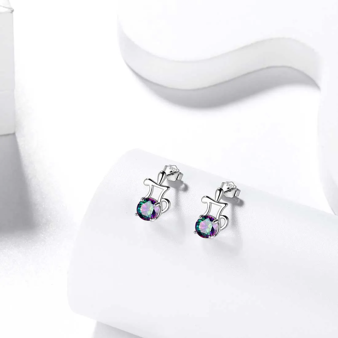 Aquarius Stud Earrings Women Girls Constellation Jewelry Mystic Topaz Sterling Silver