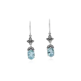 Art Nouveau Stil Blauer Topas & Markasit Tropfen Ohrringe in 925 Sterling Silber