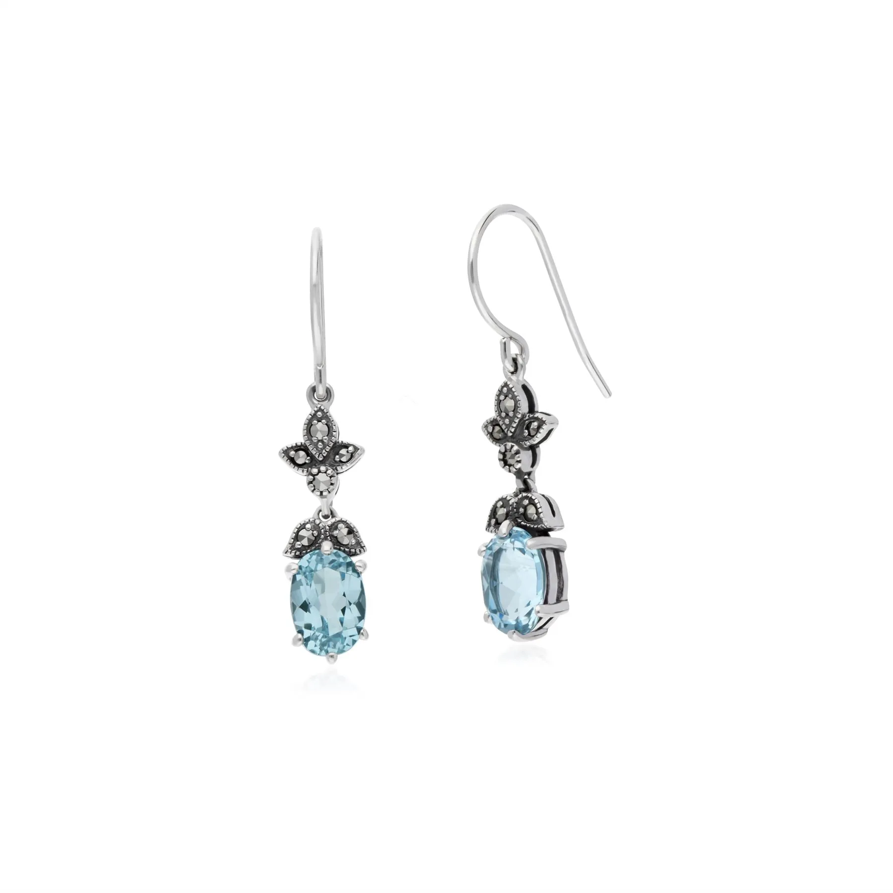 Art Nouveau Stil Blauer Topas & Markasit Tropfen Ohrringe in 925 Sterling Silber