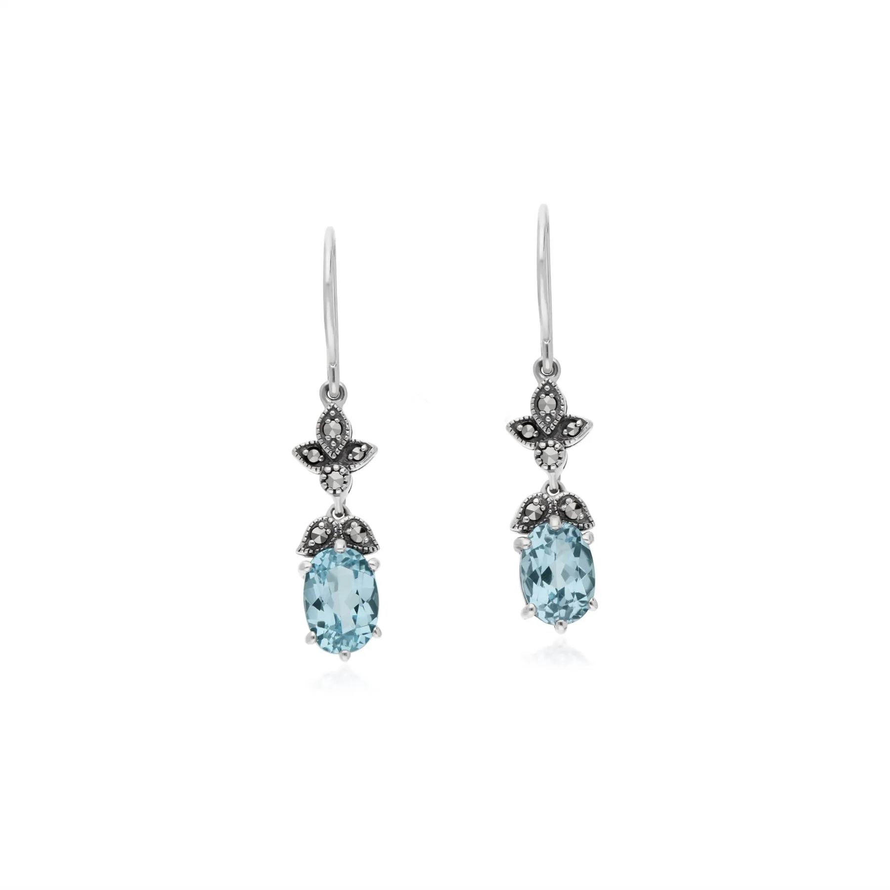 Art Nouveau Stil Blauer Topas & Markasit Tropfen Ohrringe in 925 Sterling Silber