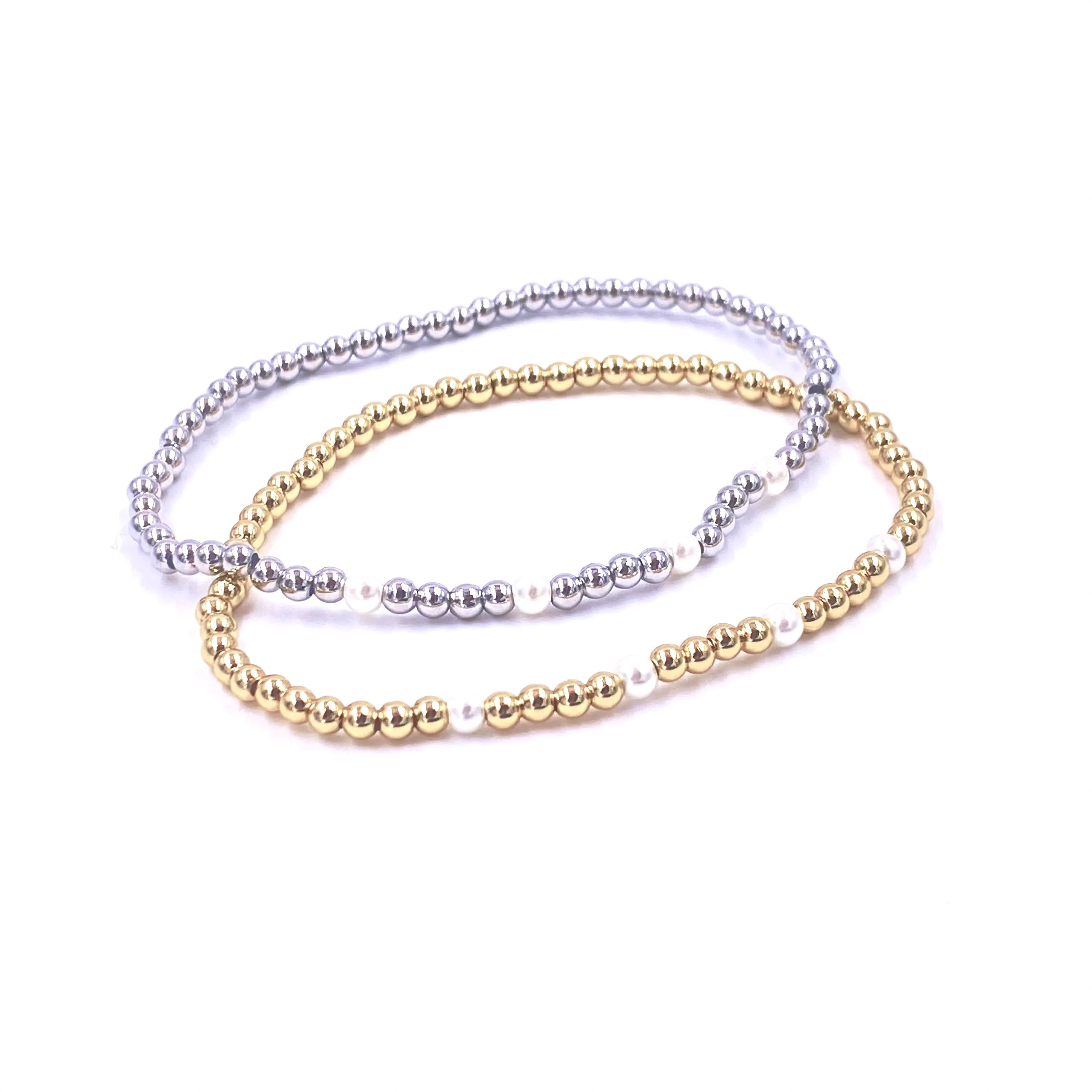 Ashley Gold Stainless Steel Gold Plated 4 Center Freshwater Pearl Design Stretch Beaded Bracelet