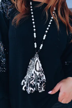Astra Tassel Statement Necklace and Earring Set - White/Black