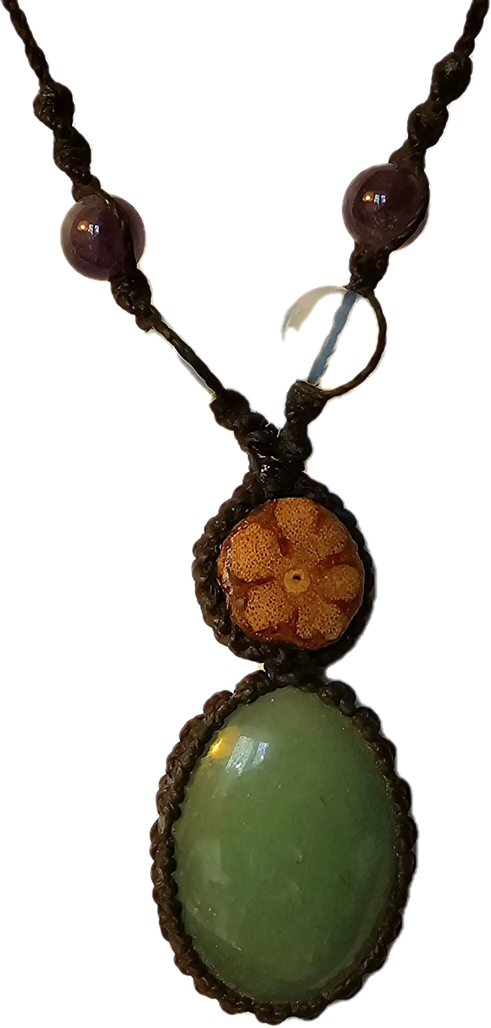Ayahuasca vine and green jade macrame necklace