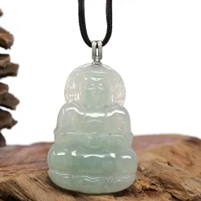 Baikalla 14k "Goddess of Compassion" Genuine Burmese Jadeite Jade Guanyin Pendant With VS1 Diamond Bail