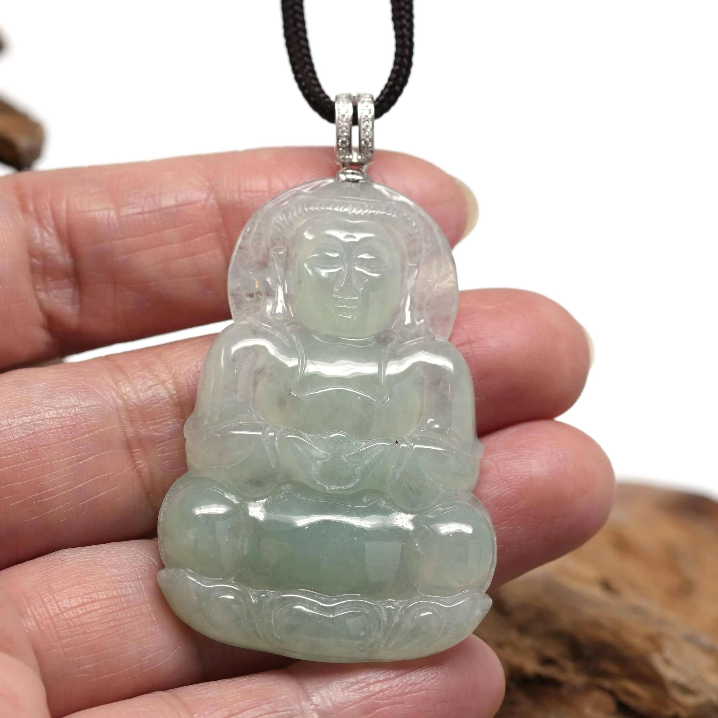 Baikalla 14k "Goddess of Compassion" Genuine Burmese Jadeite Jade Guanyin Pendant With VS1 Diamond Bail