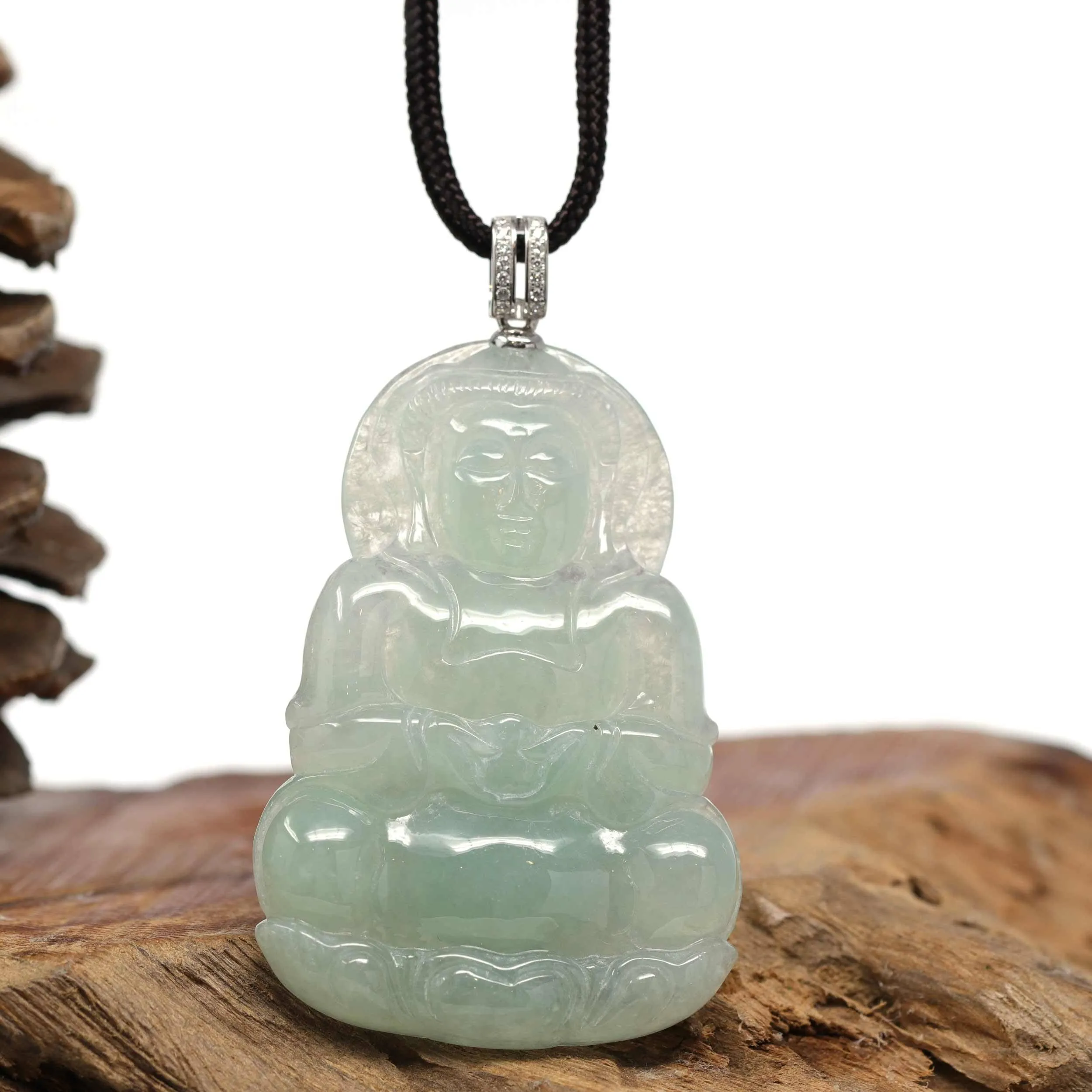 Baikalla 14k "Goddess of Compassion" Genuine Burmese Jadeite Jade Guanyin Pendant With VS1 Diamond Bail