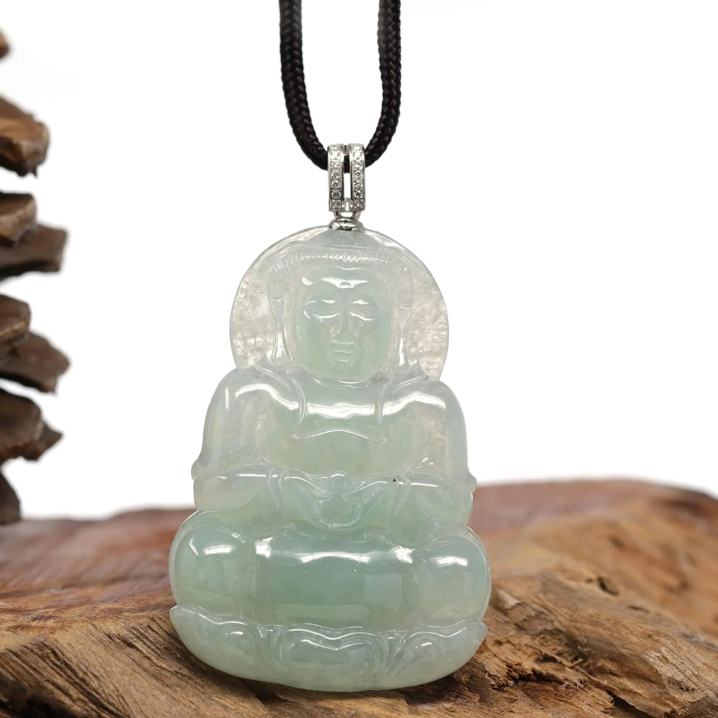 Baikalla 14k "Goddess of Compassion" Genuine Burmese Jadeite Jade Guanyin Pendant With VS1 Diamond Bail