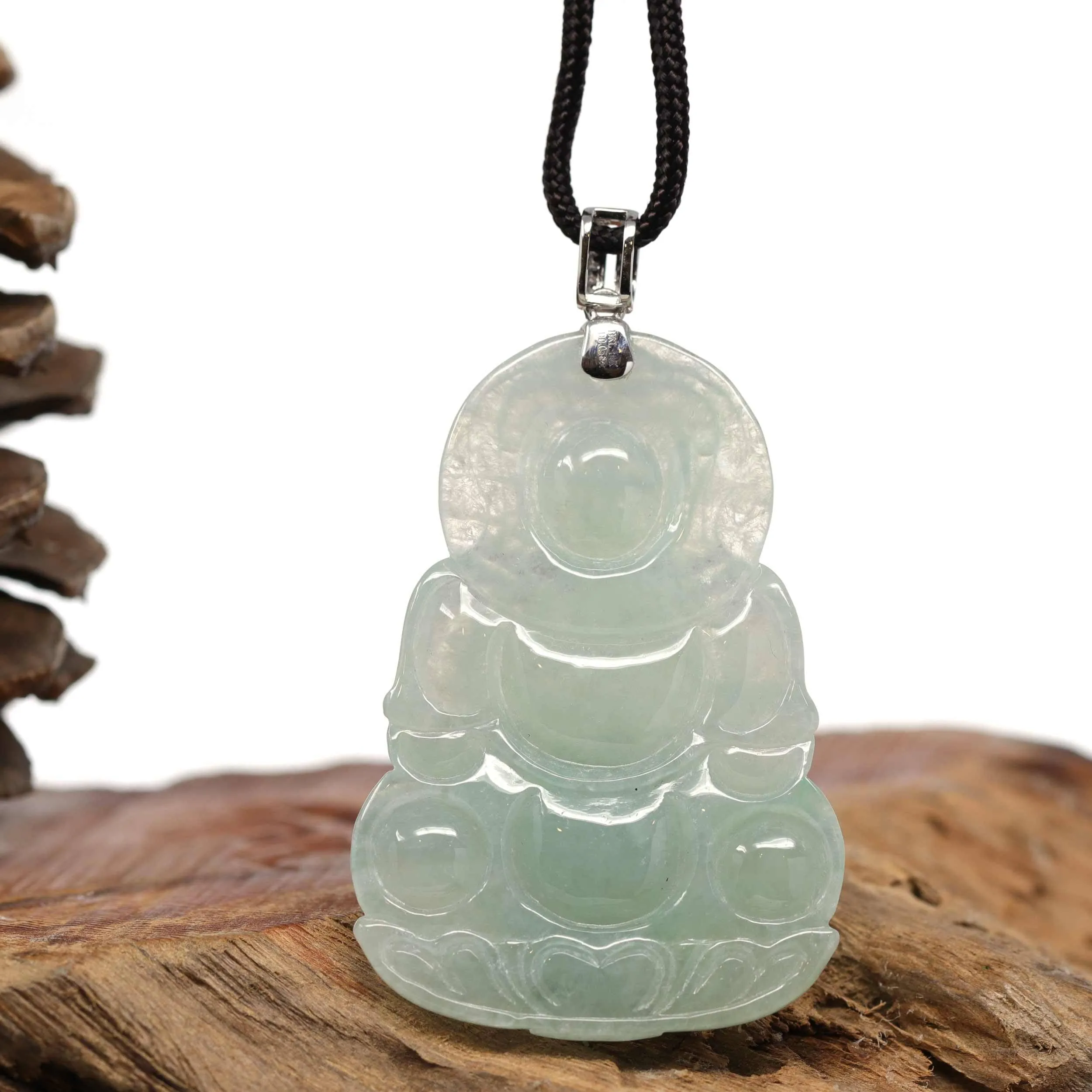 Baikalla 14k "Goddess of Compassion" Genuine Burmese Jadeite Jade Guanyin Pendant With VS1 Diamond Bail