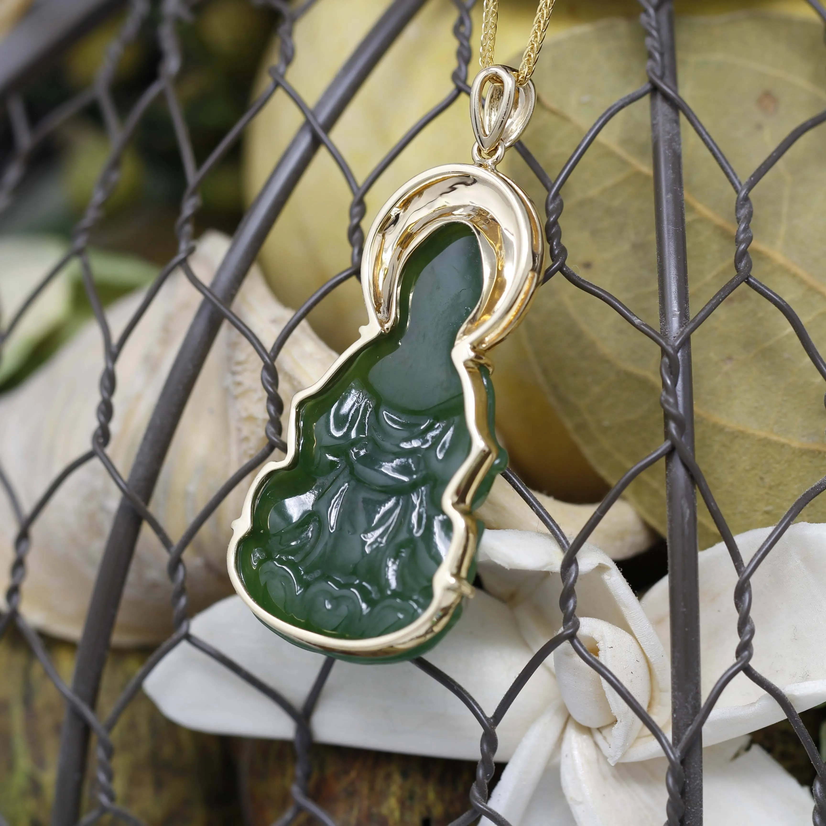 Baikalla™ Guan Yin 18k Yellow Gold Genuine Nephrite Green Jade Guanyin Buddha Pendant Necklace