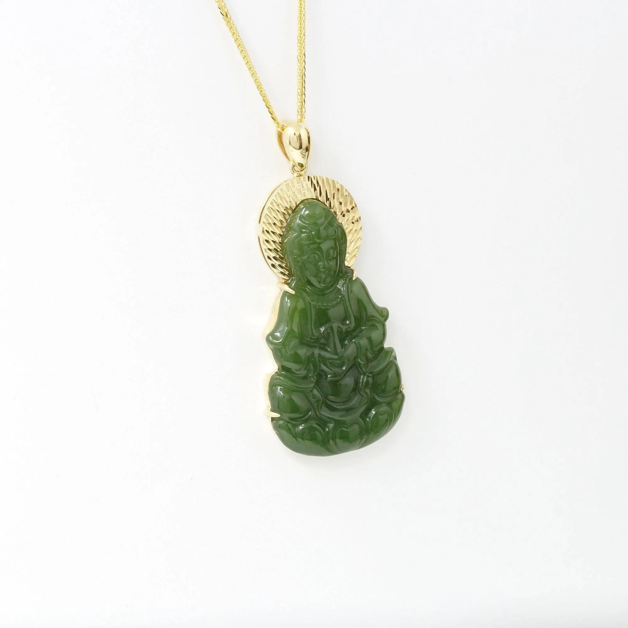 Baikalla™ Guan Yin 18k Yellow Gold Genuine Nephrite Green Jade Guanyin Buddha Pendant Necklace