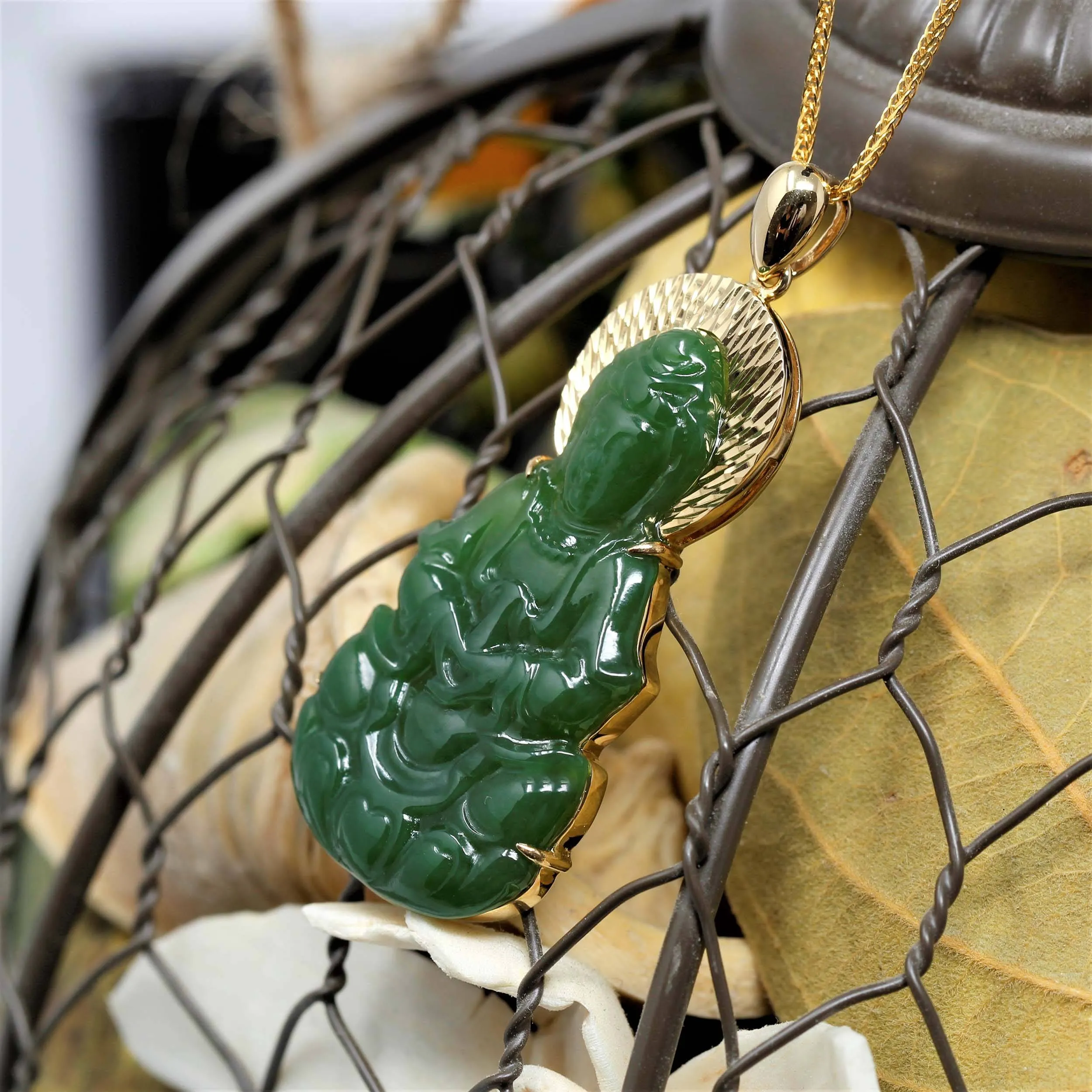 Baikalla™ Guan Yin 18k Yellow Gold Genuine Nephrite Green Jade Guanyin Buddha Pendant Necklace