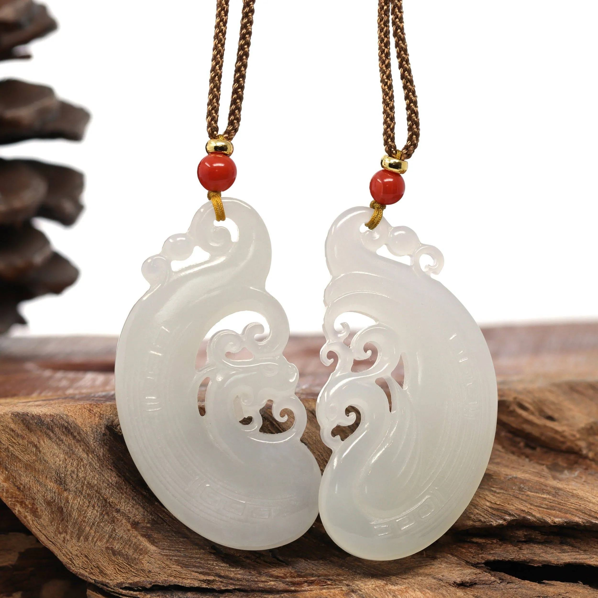 Baikalla™ "Classic Dragon & Phoenix" Genuine HeTian White Nephrite Jade LongFeng Pendant Necklace