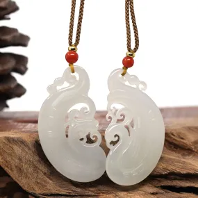 Baikalla™ "Classic Dragon & Phoenix" Genuine HeTian White Nephrite Jade LongFeng Pendant Necklace