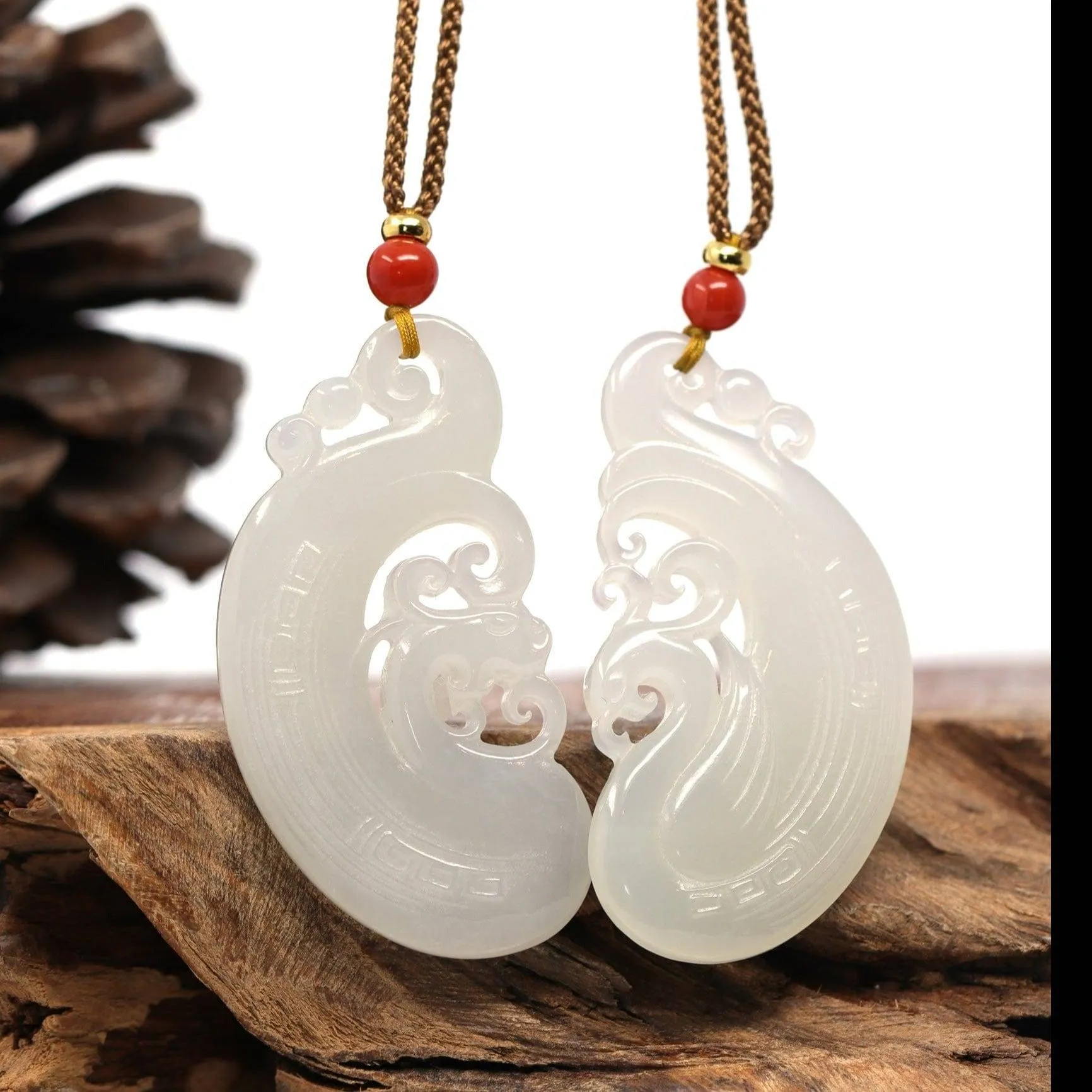 Baikalla™ "Classic Dragon & Phoenix" Genuine HeTian White Nephrite Jade LongFeng Pendant Necklace