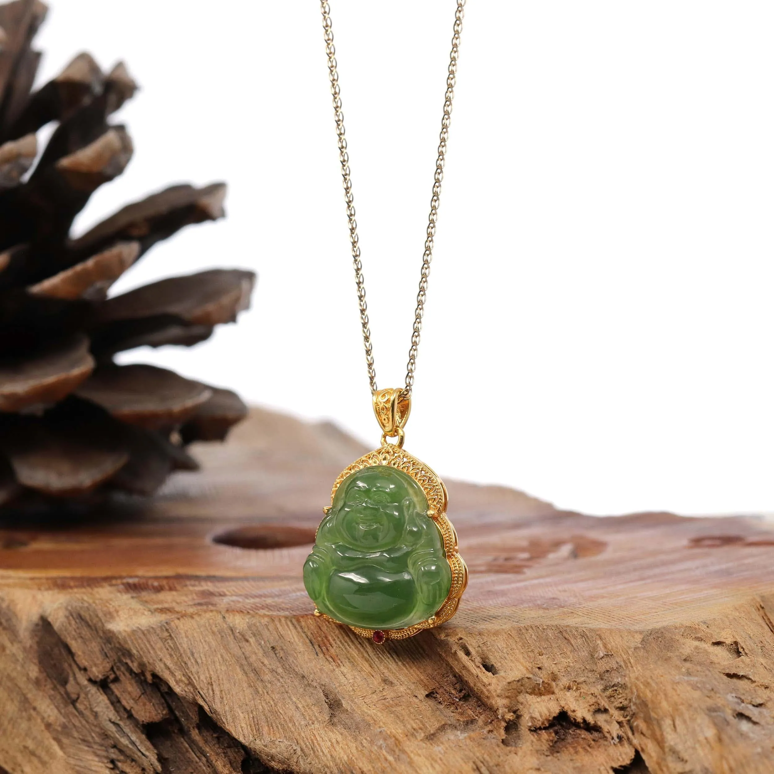 Baikalla™ "Laughing Buddha" 24k Yellow Gold Nephrite Jade Necklace Pendant