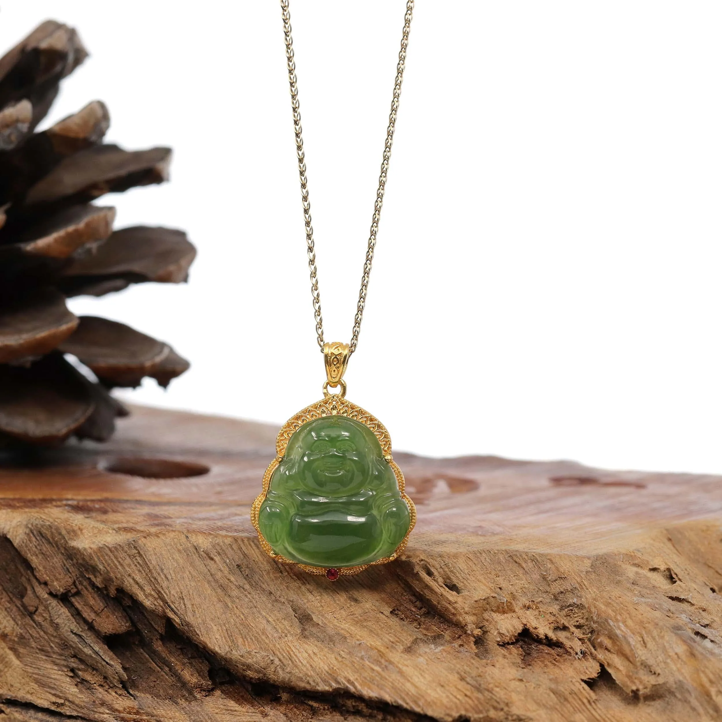 Baikalla™ "Laughing Buddha" 24k Yellow Gold Nephrite Jade Necklace Pendant