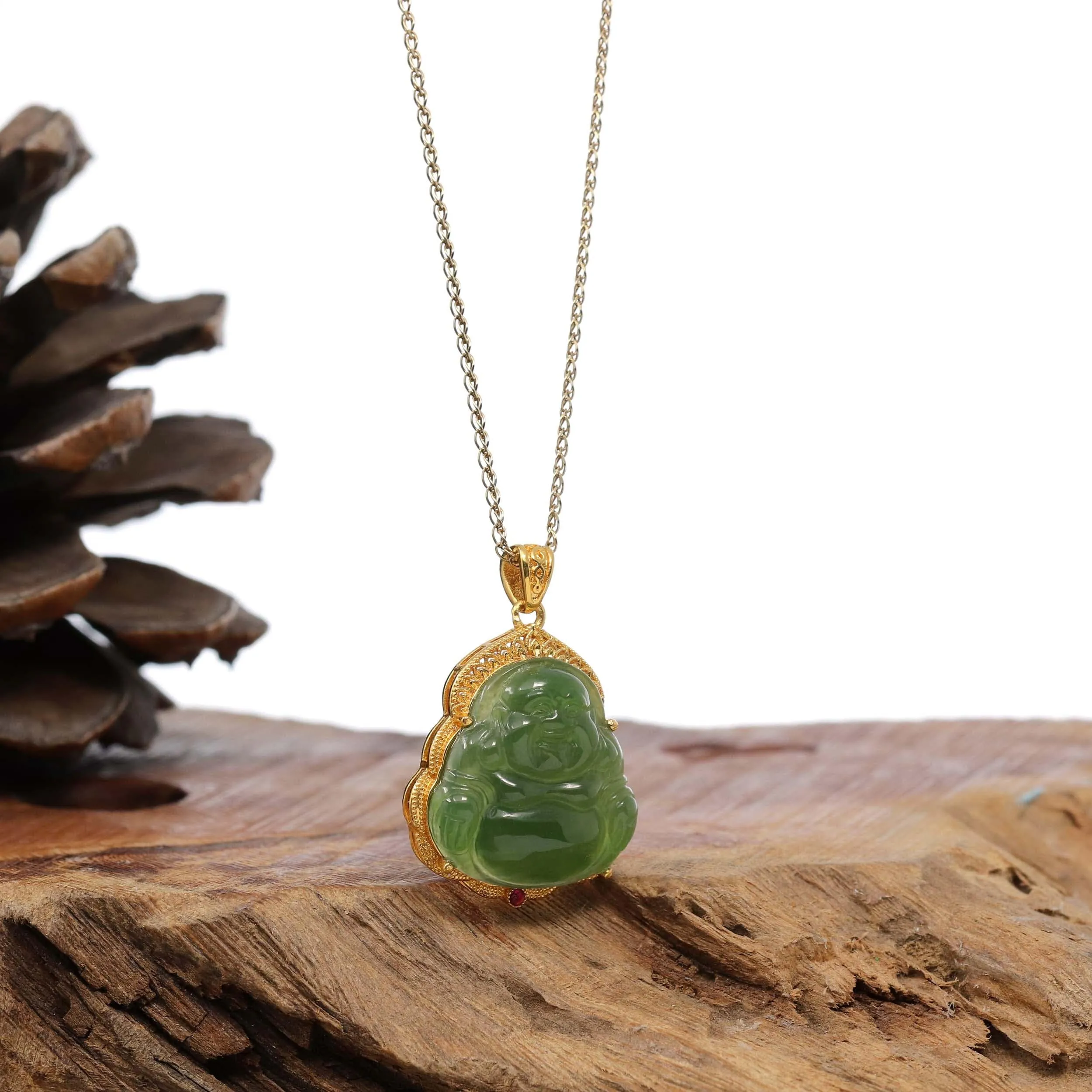 Baikalla™ "Laughing Buddha" 24k Yellow Gold Nephrite Jade Necklace Pendant