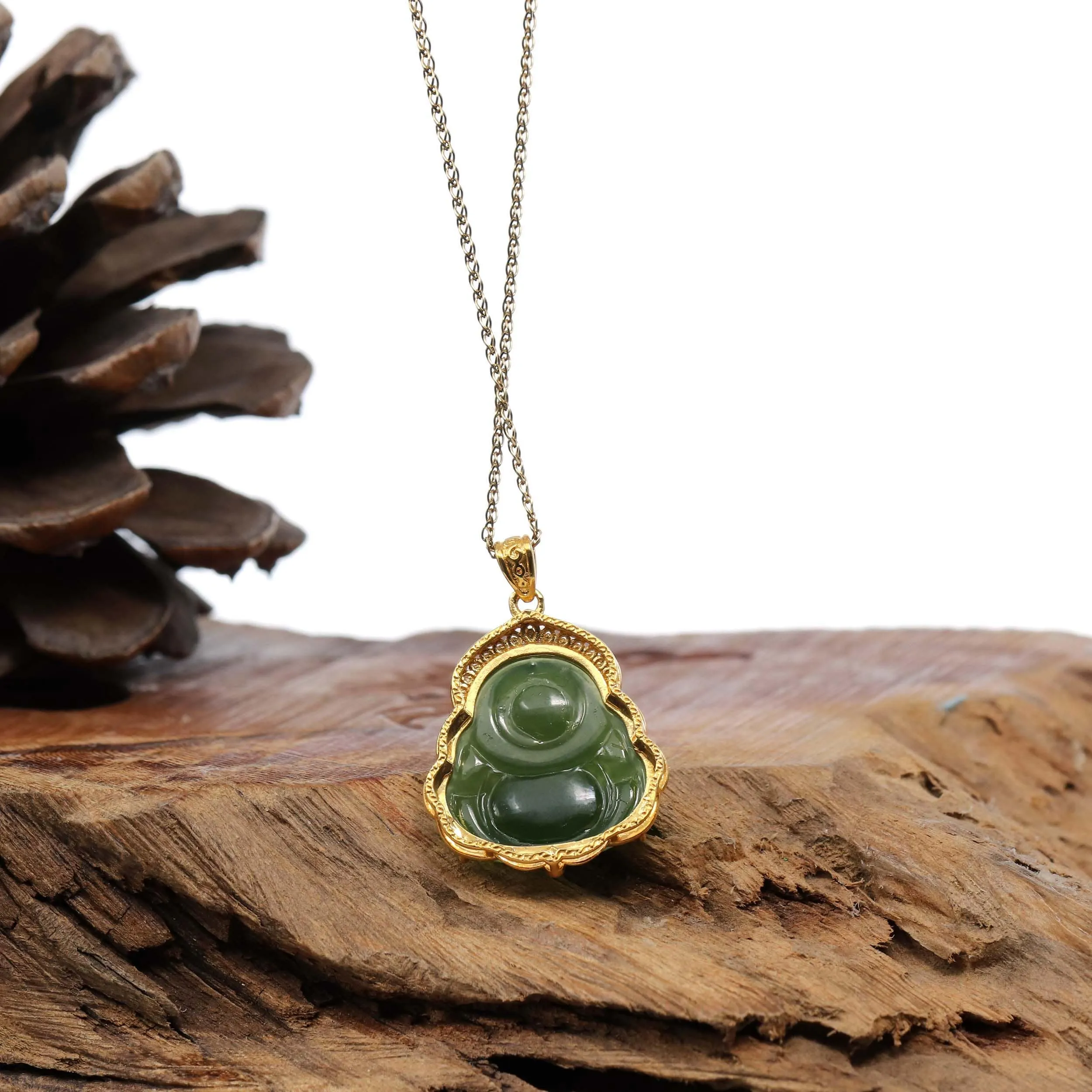 Baikalla™ "Laughing Buddha" 24k Yellow Gold Nephrite Jade Necklace Pendant