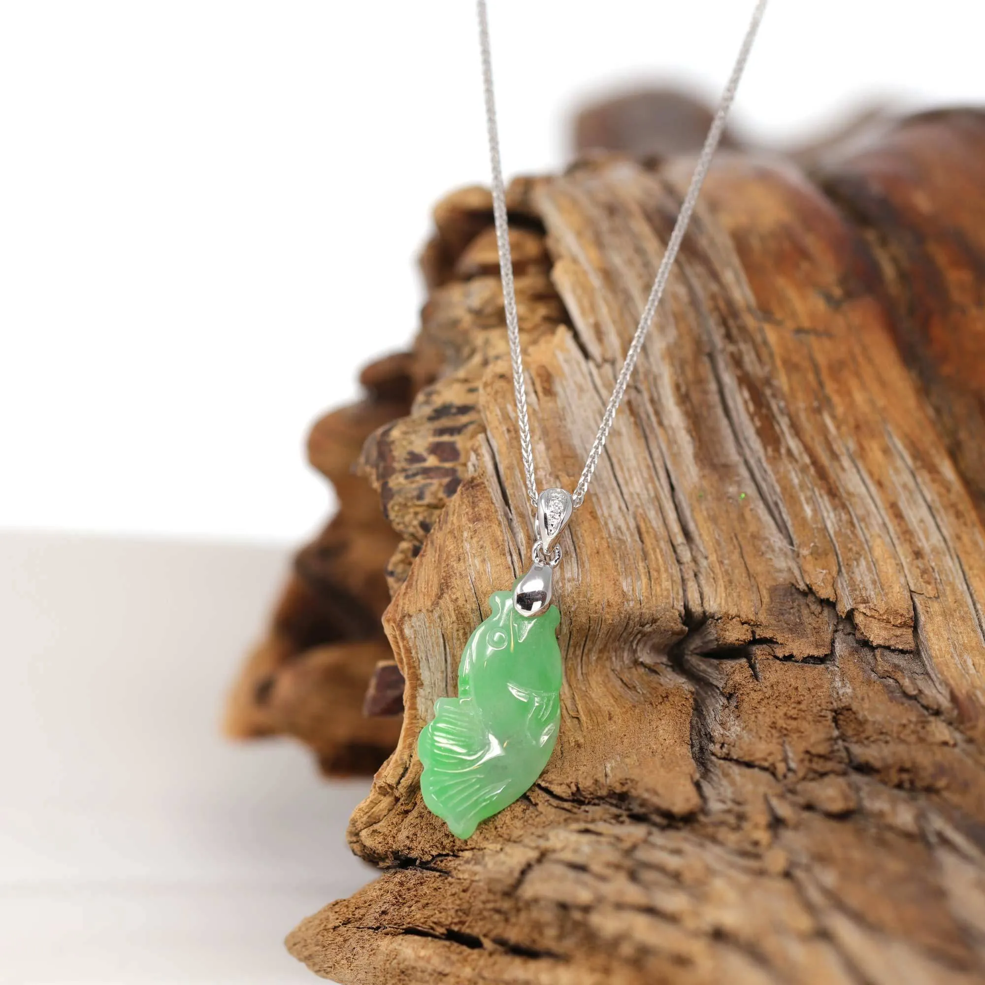 Baikalla "Prosperity Every Year (年年有鱼)" Lucky Fish Carving Pendant Necklace Natural Jadeite Jade JG163