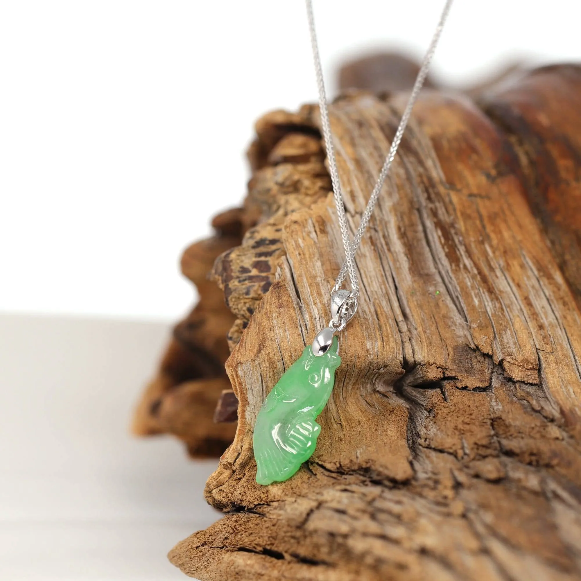 Baikalla "Prosperity Every Year (年年有鱼)" Lucky Fish Carving Pendant Necklace Natural Jadeite Jade JG163