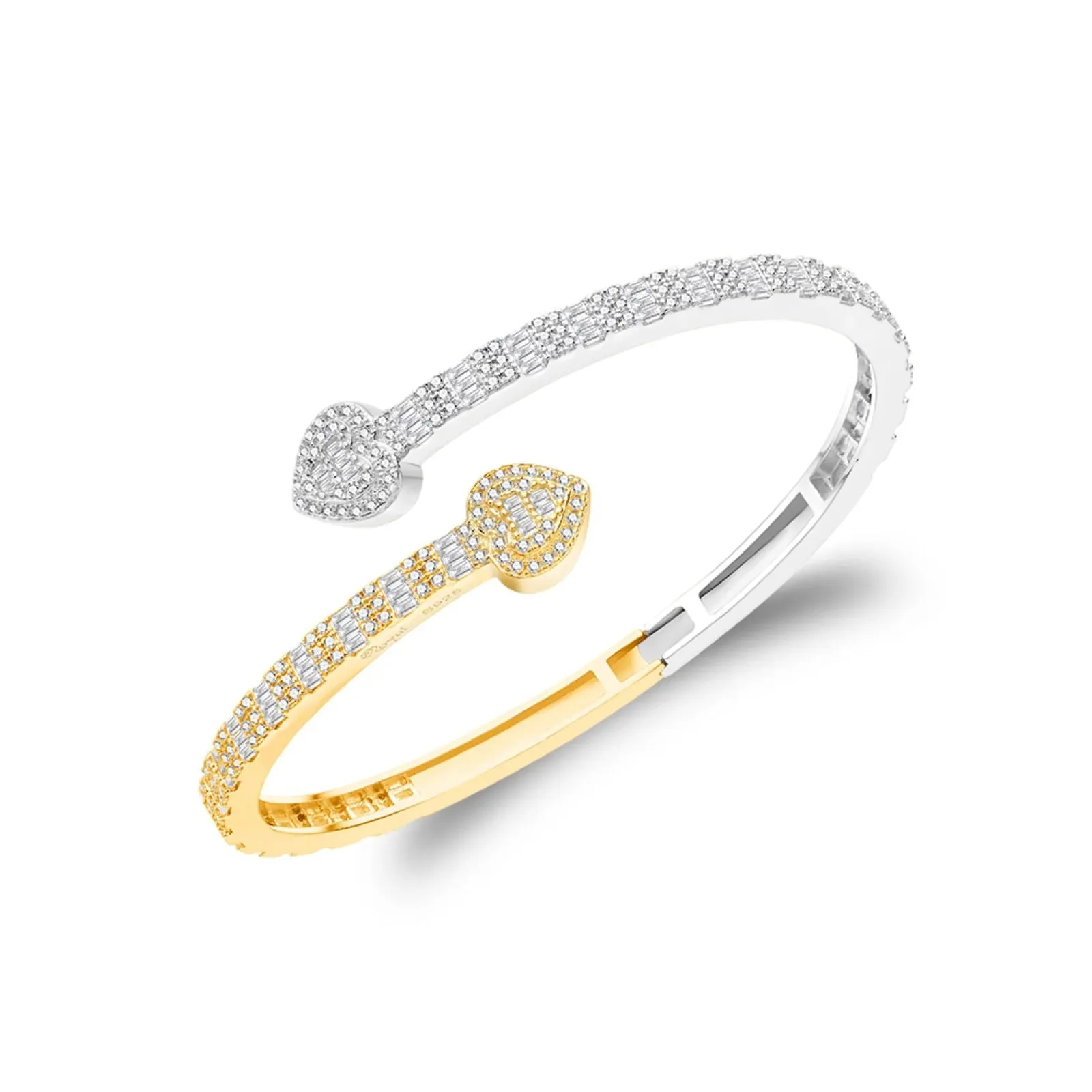 Bangle Bracelet Baguette Moissanite Heart 2 Tone 925 Silver Women