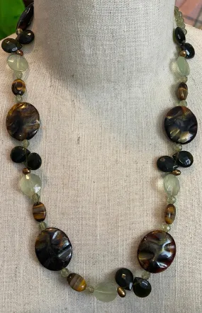 Beaded Faux Agate Jasper Necklace Brown, Tortoise Pale Green Colors