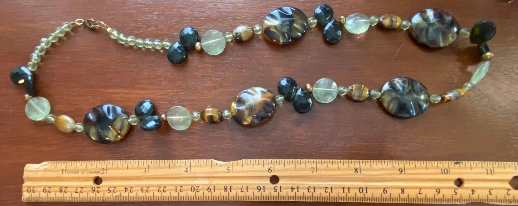 Beaded Faux Agate Jasper Necklace Brown, Tortoise Pale Green Colors