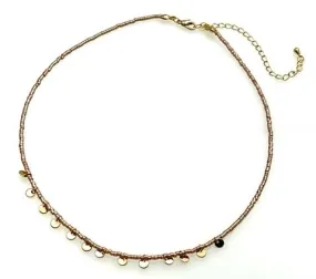 Beaded Necklace with Gold Sequins - Pink beads