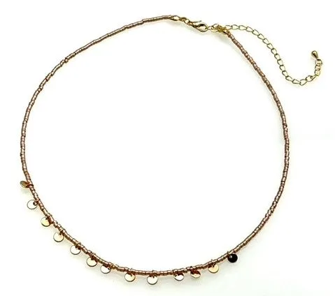 Beaded Necklace with Gold Sequins - Pink beads