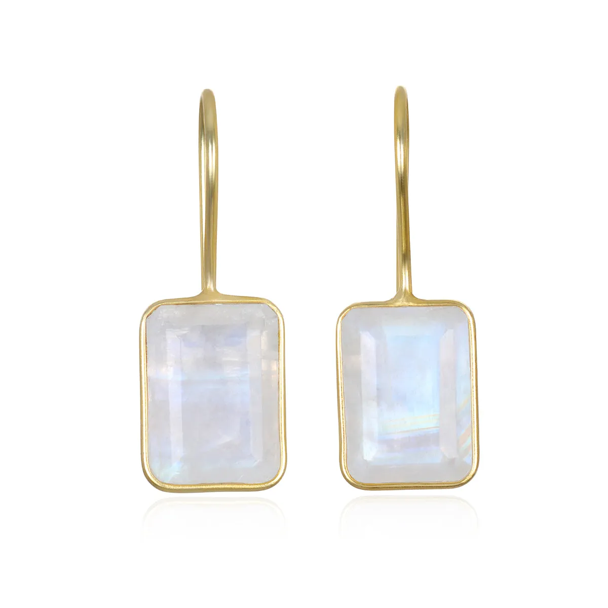Bezeled Emerald Cut Dangles-Rainbow Moonstone Gold