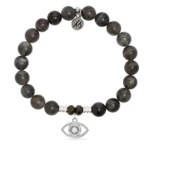 Black Moonstone Stone Bracelet with Evil Eye Sterling Silver Charm