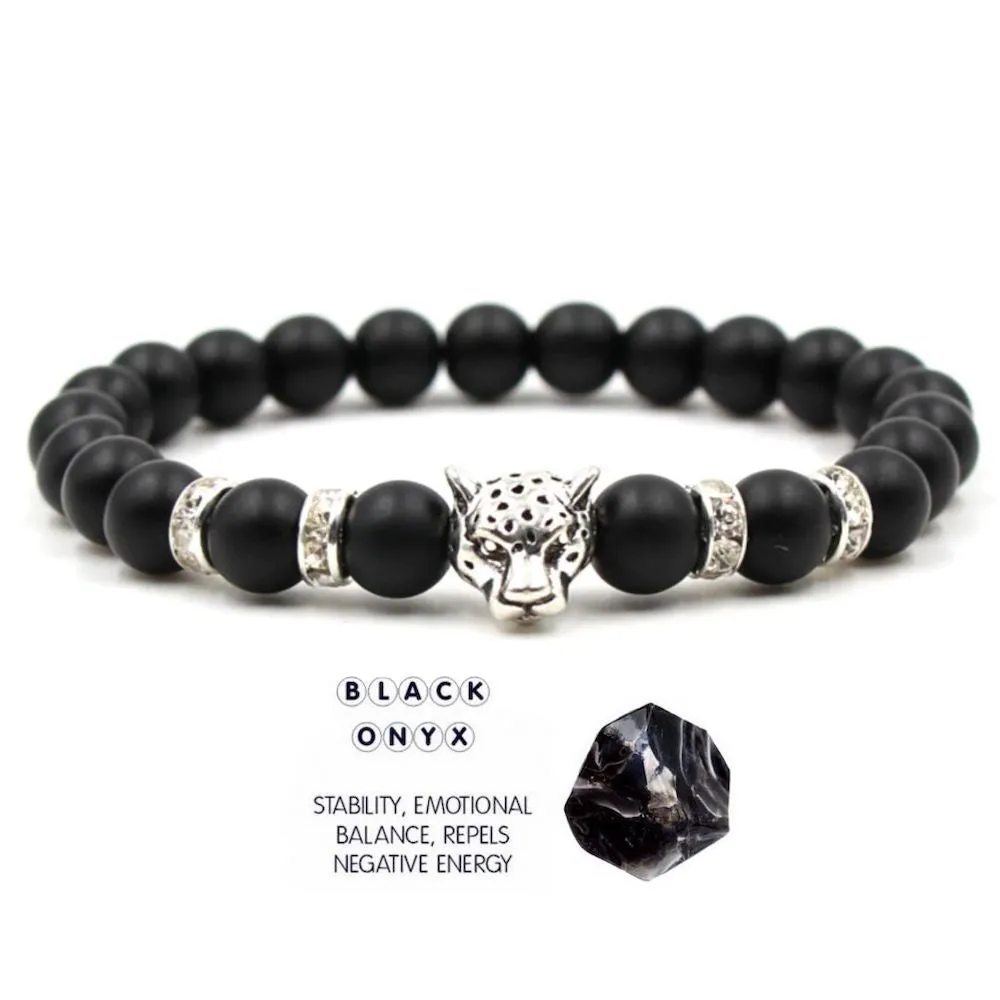Black Onyx Matte Stone Silver Leopard Bracelet