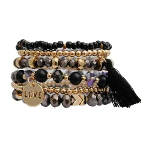 Black Stretch Bracelet Set Tassel Love Charm
