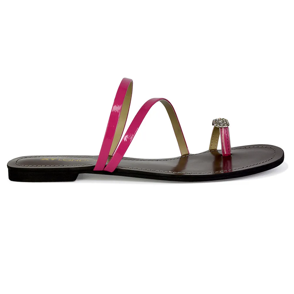 Bliss Embellished Toe Ring Strappy Slip On Flat Diamante Sandal Slides in Black