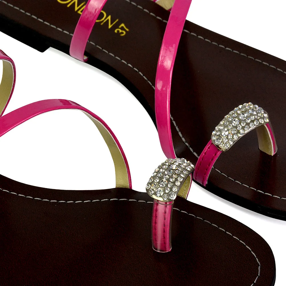 Bliss Embellished Toe Ring Strappy Slip On Flat Diamante Sandal Slides in Black
