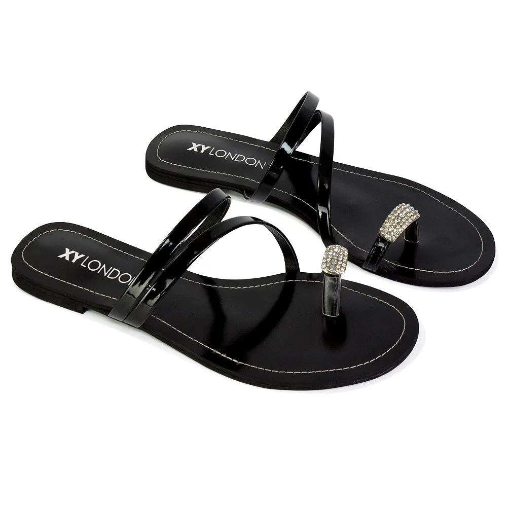 Bliss Embellished Toe Ring Strappy Slip On Flat Diamante Sandal Slides in Black