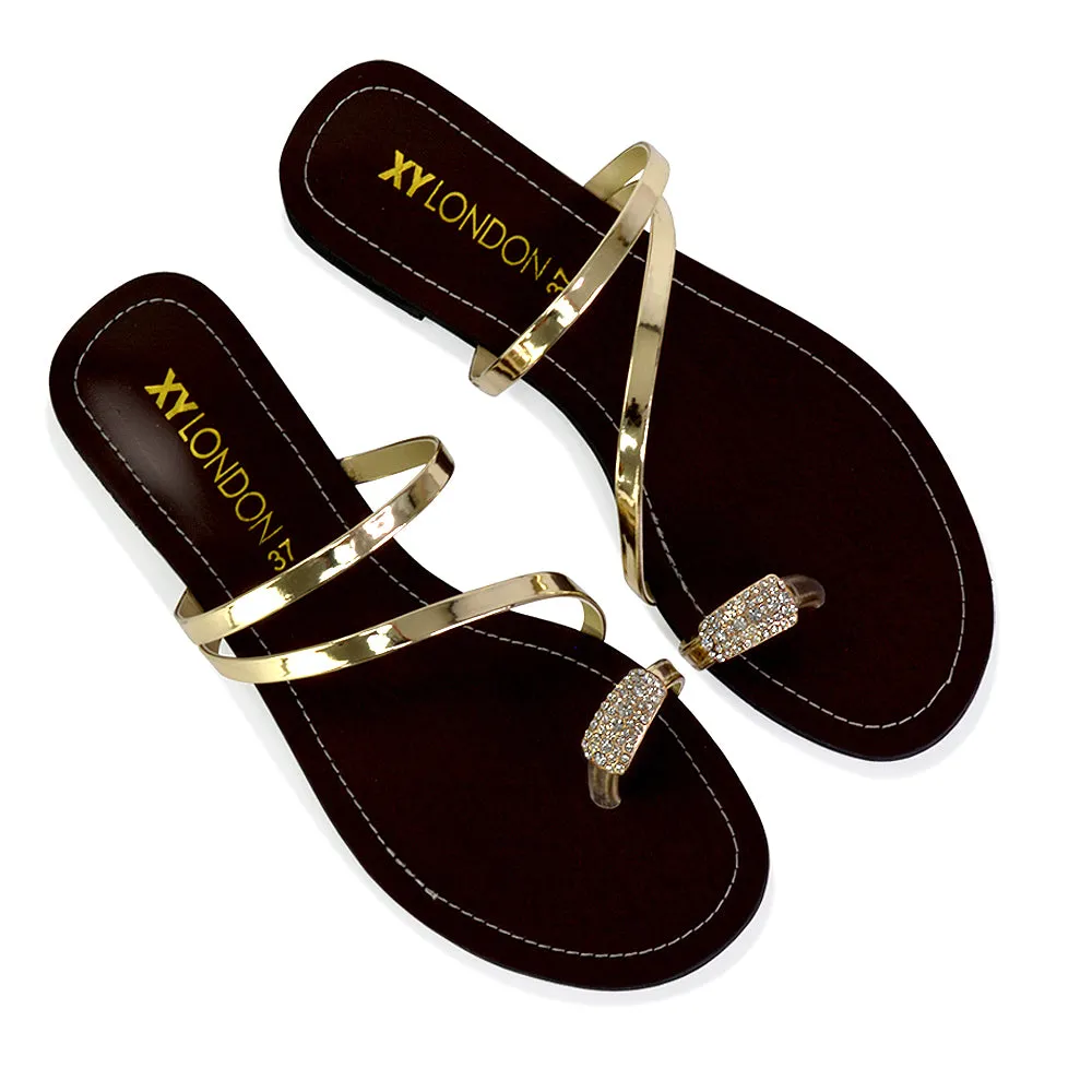 Bliss Embellished Toe Ring Strappy Slip On Flat Diamante Sandal Slides in Black