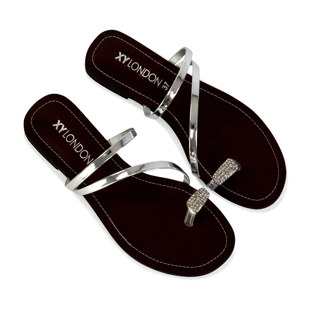 Bliss Embellished Toe Ring Strappy Slip On Flat Diamante Sandal Slides in Black